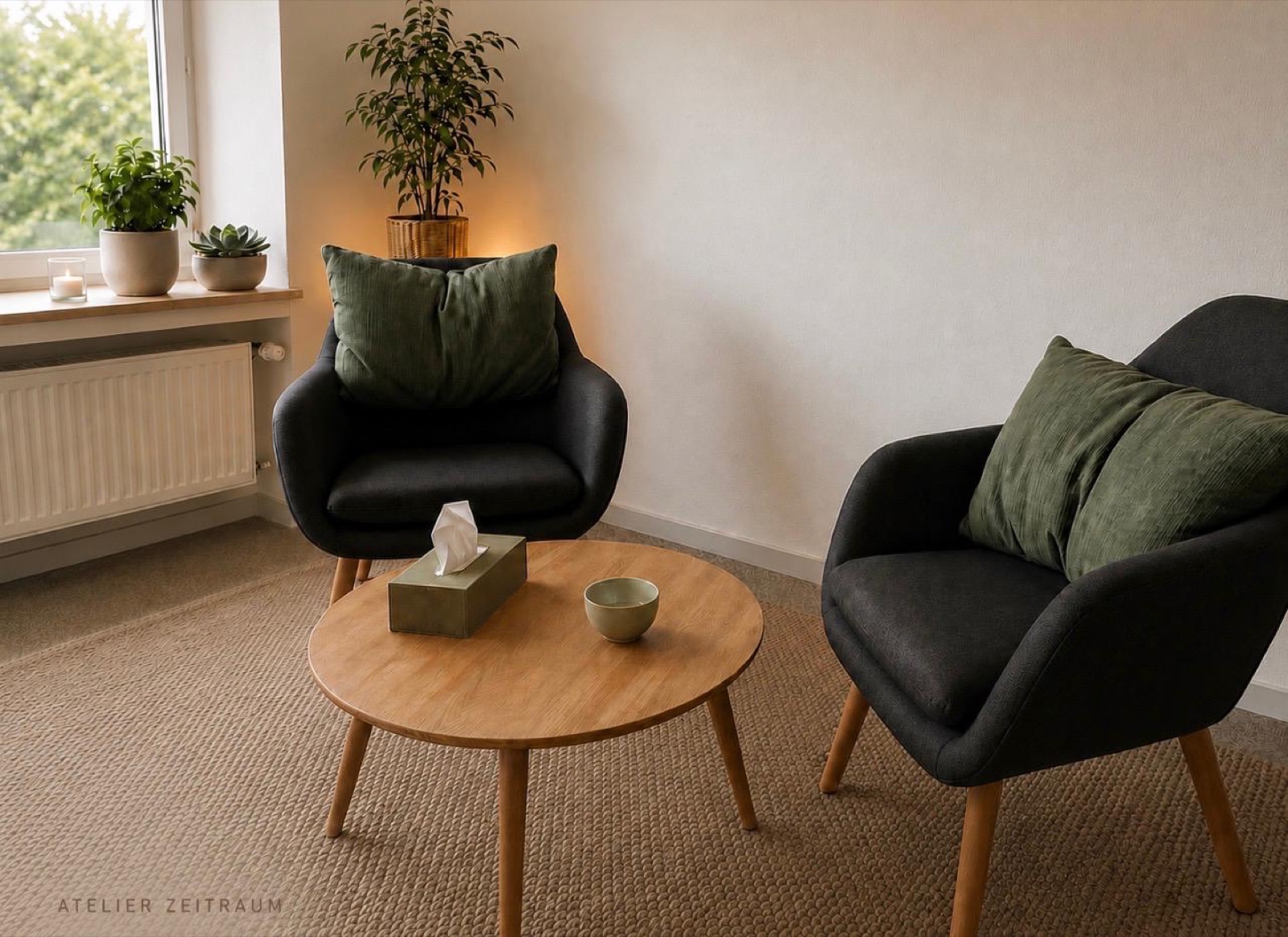 Heller Gesprächsbereich im Atelier Zeitraum mit zwei Sesseln und einem Holztisch